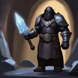 A digital art piece depicting a Duergar, a dark-skinned dwarf from the underground, in the role of an Oath of Ancients Paladin