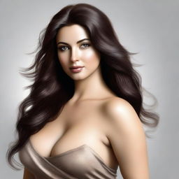 A digital art image of a stunning, curvy brunette in a tasteful, semi-dressed pose