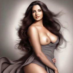 A digital art image of a stunning, curvy brunette in a tasteful, semi-dressed pose