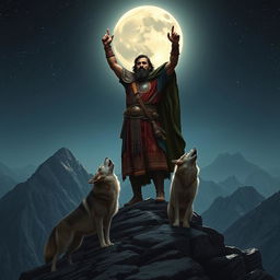 An Iranian hero standing triumphantly on a mountain peak, with a full moon casting a silvery glow behind him