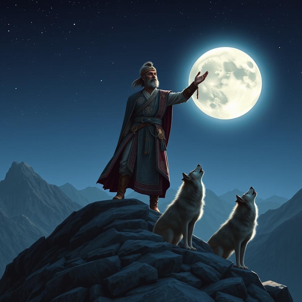 An Iranian hero standing triumphantly on a mountain peak, with a full moon casting a silvery glow behind him