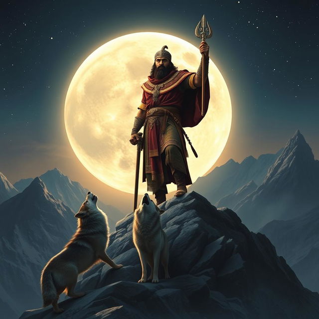 An Iranian hero standing triumphantly on a mountain peak, with a full moon casting a silvery glow behind him