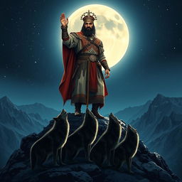 An Iranian hero standing triumphantly on a mountain peak, with a full moon casting a silvery glow behind him