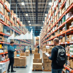 A modern online retail network concept featuring a bright, spacious warehouse seamlessly integrated with digital elements to represent inventory management