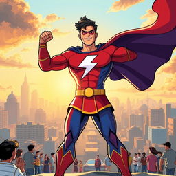 A dynamic illustration of Shaktiman, the iconic Indian superhero, wearing his traditional outfit which includes a vibrant red and blue costume with a lightning bolt logo on his chest