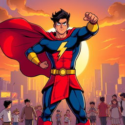 A dynamic illustration of Shaktiman, the iconic Indian superhero, wearing his traditional outfit which includes a vibrant red and blue costume with a lightning bolt logo on his chest