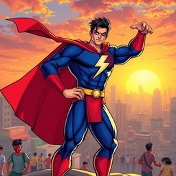 A dynamic illustration of Shaktiman, the iconic Indian superhero, wearing his traditional outfit which includes a vibrant red and blue costume with a lightning bolt logo on his chest