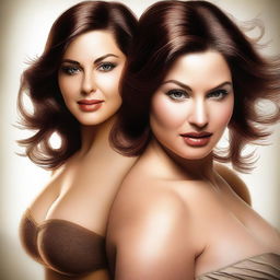 A digital art image portraying a dynamic scene between a stunning, curvy brunette and a person of the opposite sex