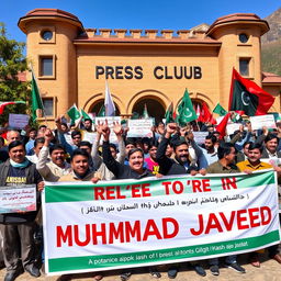 A vibrant and lively protest scene outside the Press Club in Gilgit, highlighting a diverse group of passionate activists holding banners and shouting slogans advocating for the release of Muhammad Javed
