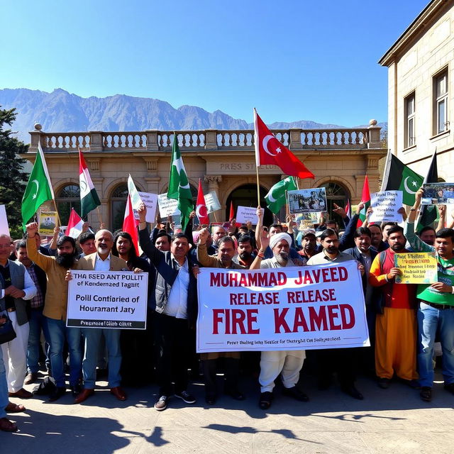 A vibrant and lively protest scene outside the Press Club in Gilgit, highlighting a diverse group of passionate activists holding banners and shouting slogans advocating for the release of Muhammad Javed