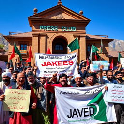 A vibrant and lively protest scene outside the Press Club in Gilgit, highlighting a diverse group of passionate activists holding banners and shouting slogans advocating for the release of Muhammad Javed