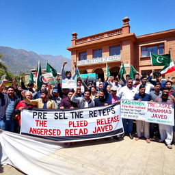 A vibrant and lively protest scene outside the Press Club in Gilgit, highlighting a diverse group of passionate activists holding banners and shouting slogans advocating for the release of Muhammad Javed