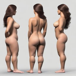 A high-quality digital art image presenting a detailed study of the anatomy of a stunning, curvy brunette