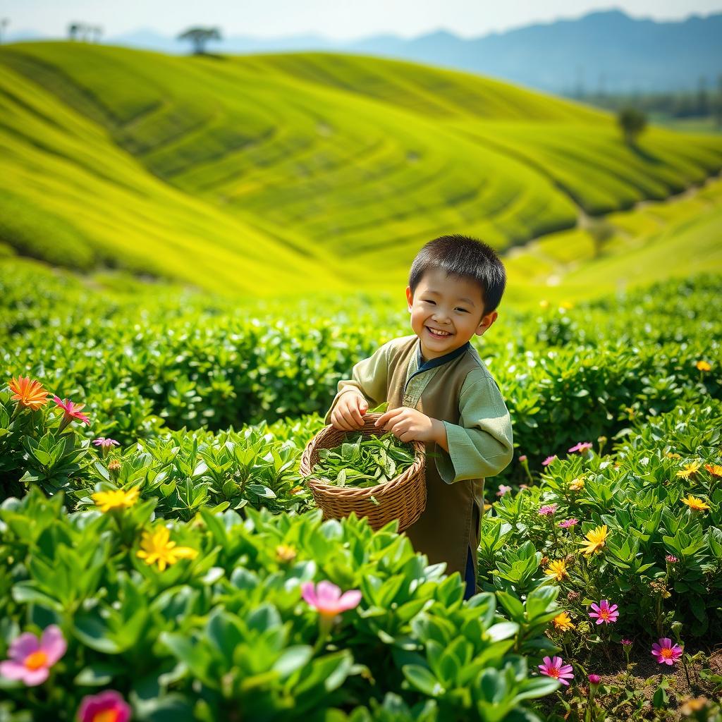 A young boy happily working in a lush green tea garden, surrounded by rolling hills of tea bushes