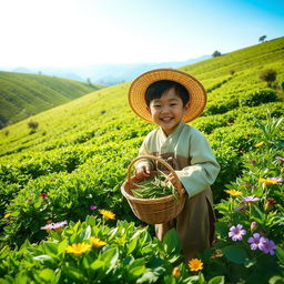 A young boy happily working in a lush green tea garden, surrounded by rolling hills of tea bushes