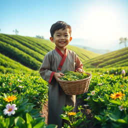 A young boy happily working in a lush green tea garden, surrounded by rolling hills of tea bushes