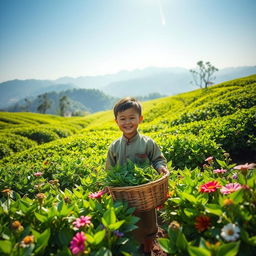 A young boy happily working in a lush green tea garden, surrounded by rolling hills of tea bushes