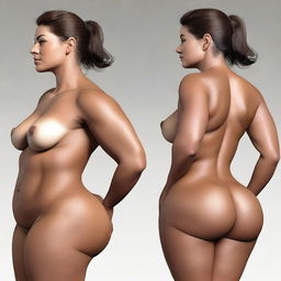 A high-quality digital art image presenting a detailed study of the anatomy of a stunning, curvy brunette