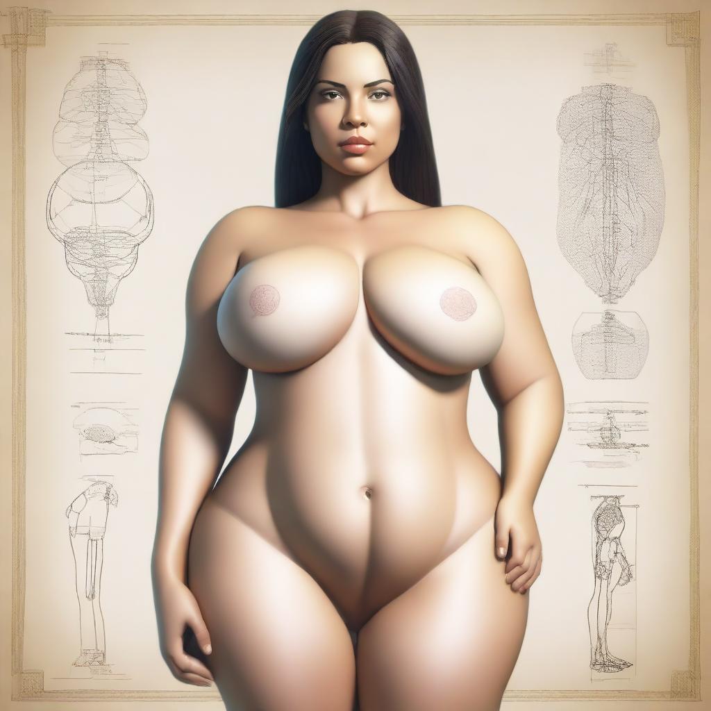 A high-quality digital art image illustrating the anatomy of a woman with a symmetrical face and body, rated 11/10 for beauty