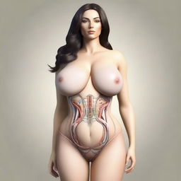 A high-quality digital art image illustrating the anatomy of a woman with a symmetrical face and body, rated 11/10 for beauty