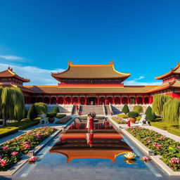 An expansive view of a grand Chinese imperial palace, showcasing traditional architectural elements such as ornate roofs, vibrant red pillars, and intricate gold accents
