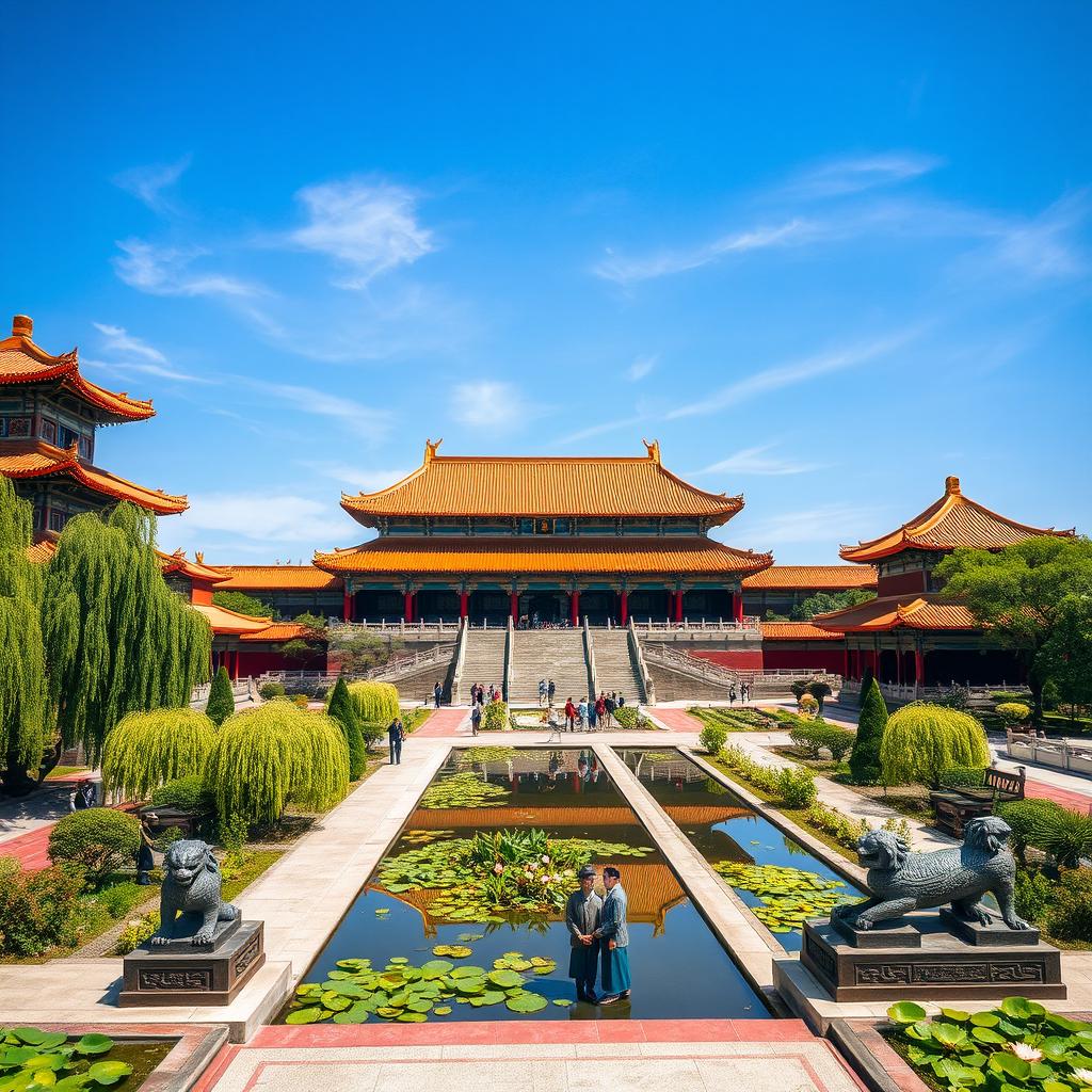 An expansive view of a grand Chinese imperial palace, showcasing traditional architectural elements such as ornate roofs, vibrant red pillars, and intricate gold accents