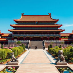 An expansive view of a grand Chinese imperial palace, showcasing traditional architectural elements such as ornate roofs, vibrant red pillars, and intricate gold accents