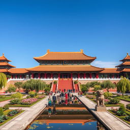 An expansive view of a grand Chinese imperial palace, showcasing traditional architectural elements such as ornate roofs, vibrant red pillars, and intricate gold accents