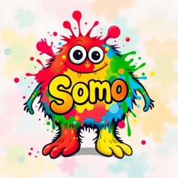 A vibrant and colorful monster design featuring splashes of bright paint in various hues like red, blue, green, and yellow, with a whimsical and playful expression