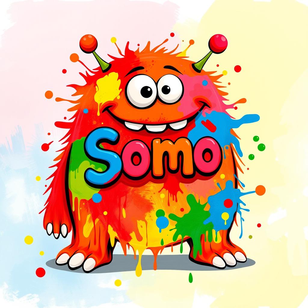 A vibrant and colorful monster design featuring splashes of bright paint in various hues like red, blue, green, and yellow, with a whimsical and playful expression