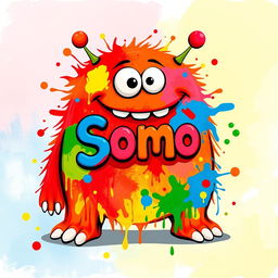 A vibrant and colorful monster design featuring splashes of bright paint in various hues like red, blue, green, and yellow, with a whimsical and playful expression