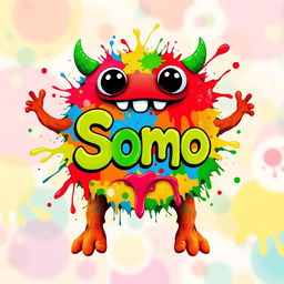 A vibrant and colorful monster design featuring splashes of bright paint in various hues like red, blue, green, and yellow, with a whimsical and playful expression