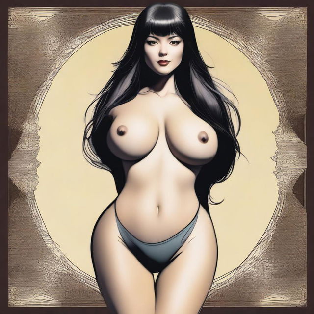 A high-quality digital art image illustrating the anatomy of a raven-haired brunette woman with a symmetrical face and body, both rated 11/10 for beauty