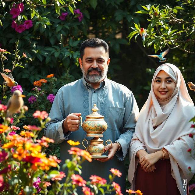 A portrait of a central figure, a man holding a traditional Persian tea set, surrounded by lush greenery and vibrant flowers in a beautiful garden setting