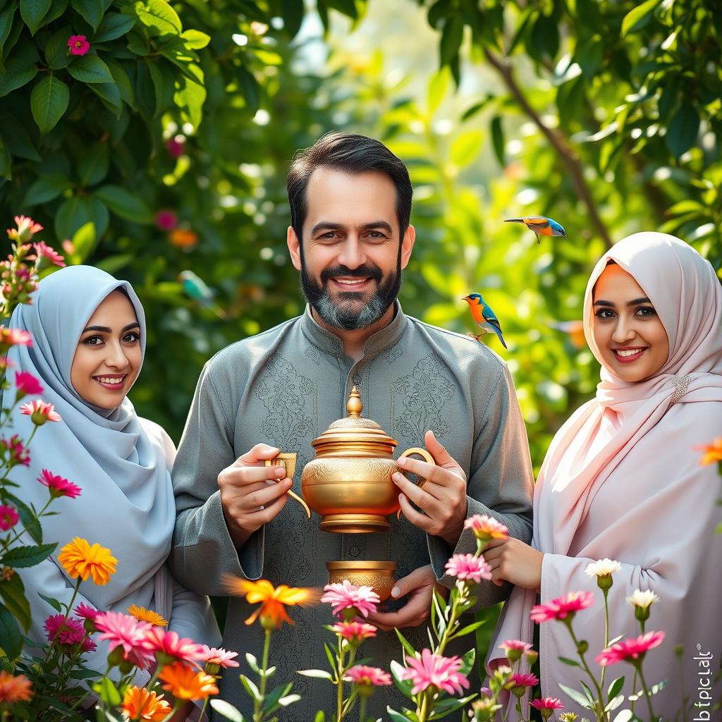 A portrait of a central figure, a man holding a traditional Persian tea set, surrounded by lush greenery and vibrant flowers in a beautiful garden setting