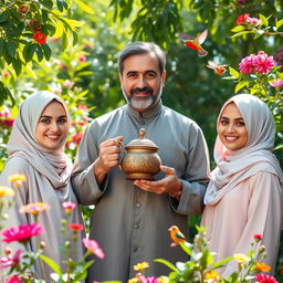 A portrait of a central figure, a man holding a traditional Persian tea set, surrounded by lush greenery and vibrant flowers in a beautiful garden setting