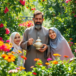 A portrait of a central figure, a man holding a traditional Persian tea set, surrounded by lush greenery and vibrant flowers in a beautiful garden setting