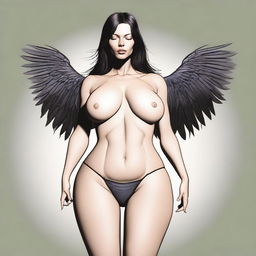 A high-quality digital art image illustrating the anatomy of a raven-haired brunette woman with a symmetrical face and body, both rated 11/10 for beauty