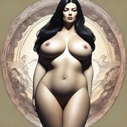 A high-quality digital art image illustrating the anatomy of a raven-haired brunette woman with a symmetrical face and body, both rated 11/10 for beauty