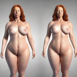 A high-quality digital art image illustrating the anatomy of a ginger woman with a symmetrical face and body, both rated 11/10 for beauty