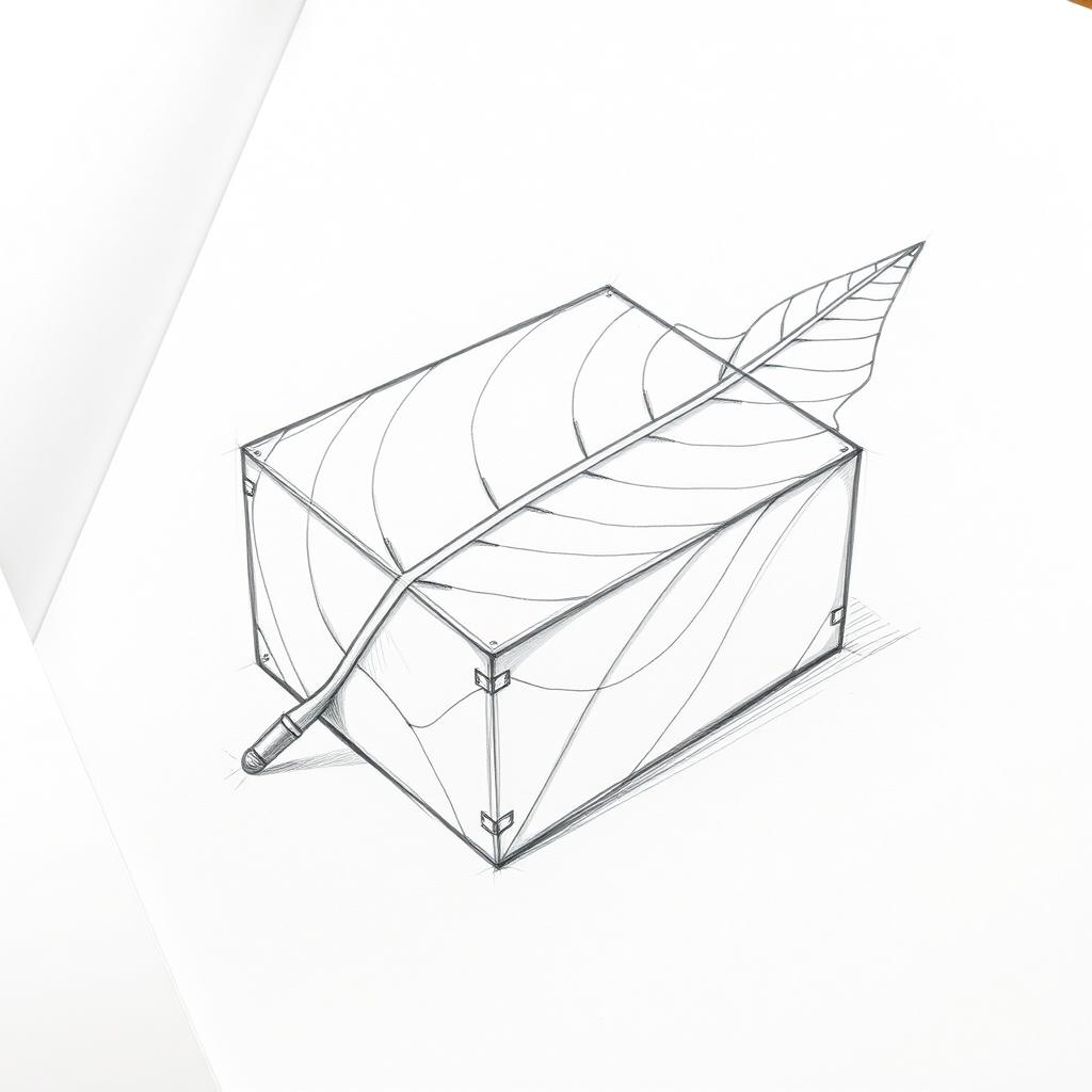 A detailed sketch of a box designed to resemble a leaf, carefully drawn in pencil