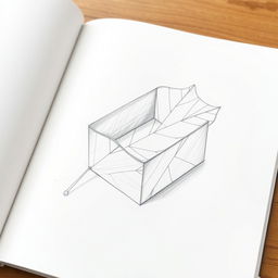 A detailed sketch of a box designed to resemble a leaf, carefully drawn in pencil