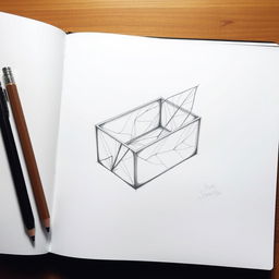 A detailed sketch of a box designed to resemble a leaf, carefully drawn in pencil