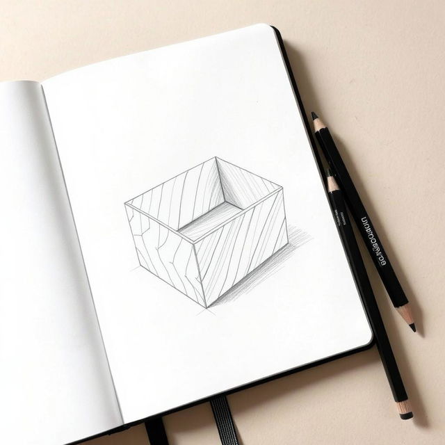 A detailed sketch of a box designed to resemble a leaf, carefully drawn in pencil