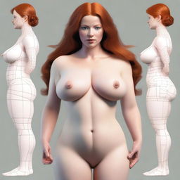 A high-quality digital art image illustrating the anatomy of a redhead woman with a symmetrical face and body, both rated 11/10 for beauty