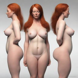 A high-quality digital art image illustrating the anatomy of a redhead woman with a symmetrical face and body, both rated 11/10 for beauty