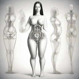 A high-quality digital art image illustrating the anatomy of a woman with an 11/10 beautiful and symmetrical face and body