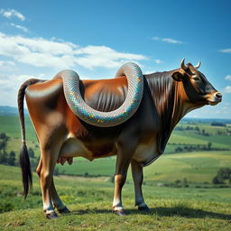 A surreal and artistic representation of a snake entwined around the body of a cow