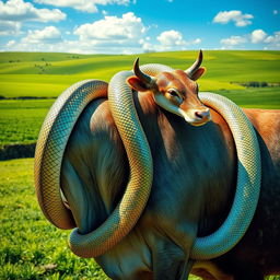 A surreal and artistic representation of a snake entwined around the body of a cow