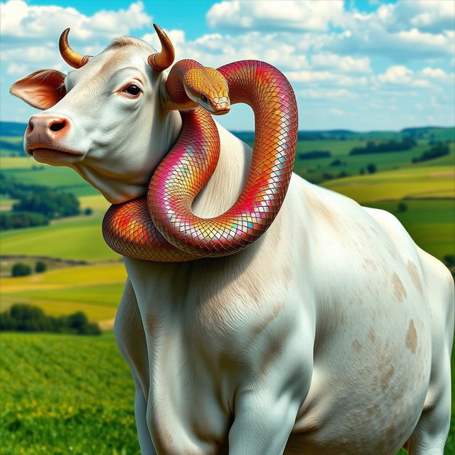 A surreal and artistic representation of a snake entwined around the body of a cow